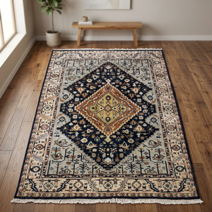 Tapis rectangulaire en laine et polyester noué à la main avec dos antidérapant pour salon - Product Image 1