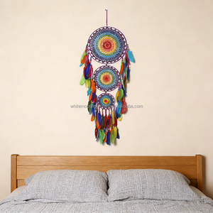Attrape-rêves <span class=keywords><strong>indien</strong></span> triple anneau fait main en macramé, arc-en-ciel, à suspendre au mur avec plumes naturelles pour la <span class=keywords><strong>d</strong></span>écoration de chambre et de salon - Product Image 2