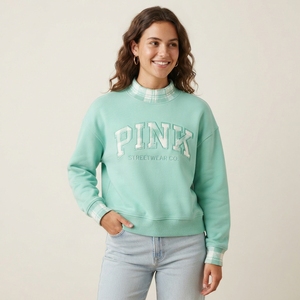 Sudadera de mujer rosa melocotón con letras, cuello alto a cuadros, hombros caídos, estilo casual, jersey de otoño, cuello simulado, clásica, 100% algodón - Product Image 6