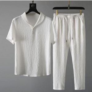 Trajes Casuales de Verano para Hombre de 2 Piezas, Camiseta de Manga Corta + Pantalones Largos, Cuello Polo de Color Sólido, Cintura Elástica con Botones, Secado Rápido - Product Image 1