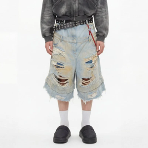 Shorts en jean pour hommes à double taille, très déchirés et usés, coupe brute, jambe large, délavé vintage, style streetwear - Product Image 1