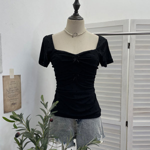 T-shirt Estiva <span class=keywords><strong>a</strong></span> Maniche Corte con Elastico, Design OEM Personalizzato, Fantasia <span class=keywords><strong>a</strong></span> <span class=keywords><strong>Pois</strong></span>, con Fiocco, Top in Rete <span class=keywords><strong>a</strong></span> Collo Quadrato, Vestibilità Slim e Dettagli Plissettati - Product Image 4