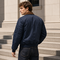 Blouson Bomber Homme Bleu Marine Col en Velours Côtelé Lavé Brodé Épais Streetwear Décontracté – Vente en Gros