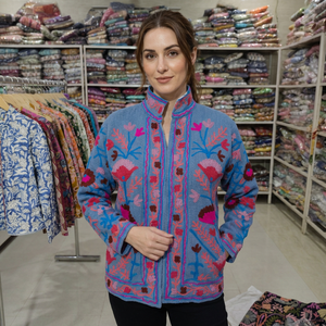 Women's Blue Knitted Mandarin Collar Jacket With Hand Embroidery Floral Pattern Full Sleeve Autumn Wear <b>gift</b> for her - Product Image 1