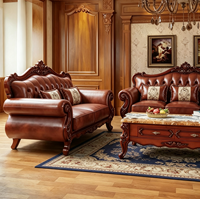 Klassisches Amerikanisches Echtleder-Sofa-Set Massivholz Handgeschnitztes Sofa Villa Wohnzimmer Heim-Möbel