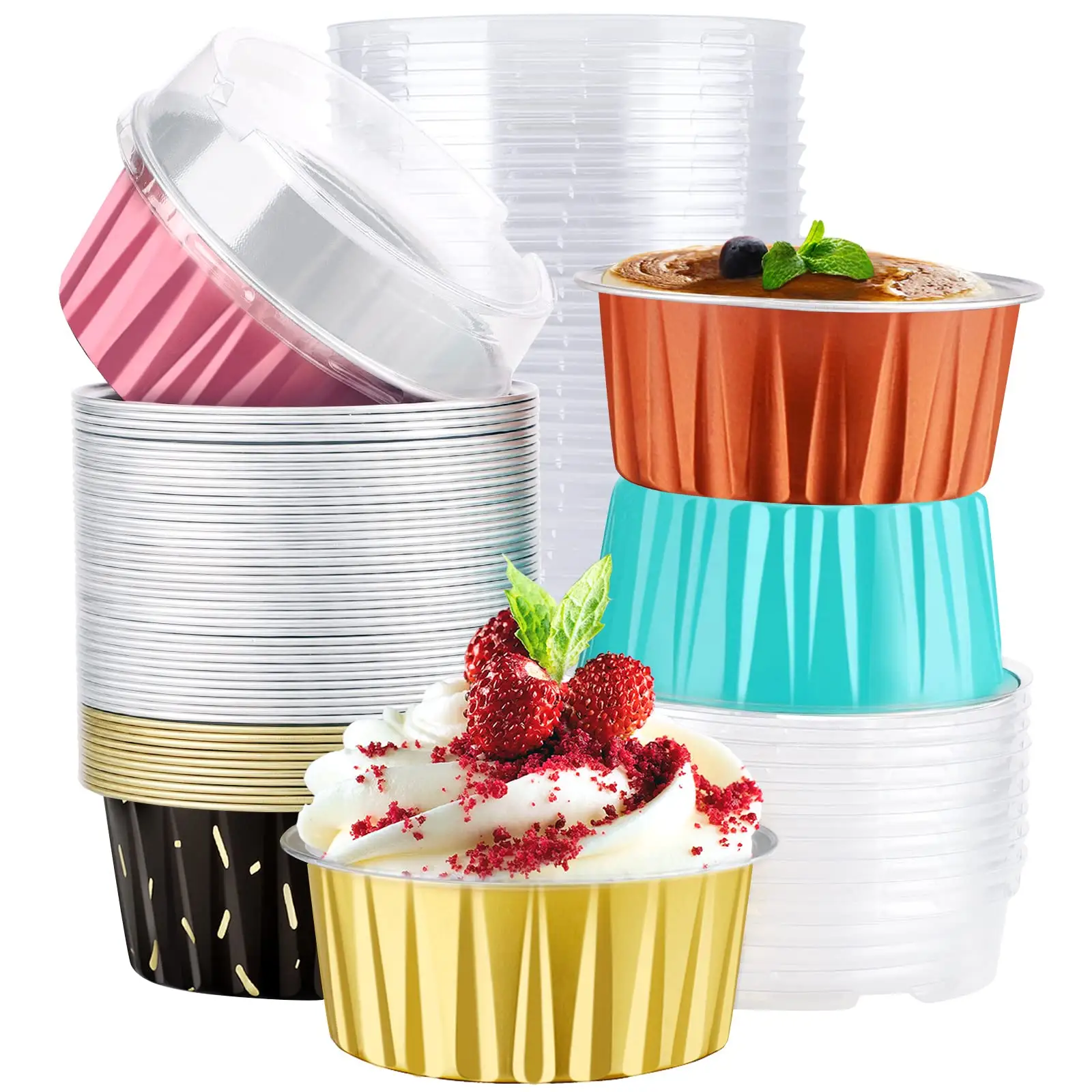 Creme Cheesecake Flan Cups Containers for Party Disposable Ramekins Gold Mini Aluminium Foil Baking Cups with Lids