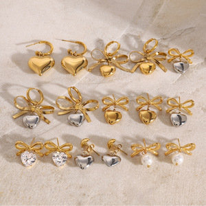 Heart <b>Stud</b> <b>Earrings</b> With Bow Zircon 18K Gold Plated Stainless Steel For Women Gift Fashion Jewelry Set - Product Image 3