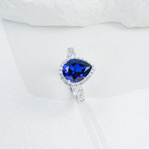 Anillo de Plata de Ley 925 con Zafiro Creado en Laboratorio, Corte Pera, con Halo, para Mujer, Talla K - Product Image 1