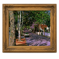 Cuadro al óleo de calle con árboles, coche vintage y paisaje suburbano, arte de pared con marco dorado para decoración de hoteles, cafeterías y salas de estar