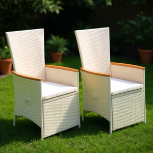 Ensemble de 2 chaises de jardin en rotin blanc crème, mobilier d'extérieur avec accoudoirs en teck, design contemporain, durable pour une utilisation en jardin - Product Image 2