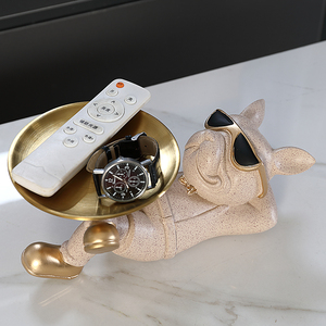 Bulldog francese <span class=keywords><strong>Butler</strong></span> con vassoio scatola portaoggetti statua e scultura di cane ornamenti da tavola animali decorazioni per la stanza dal vivo arte in resina - Product Image 1