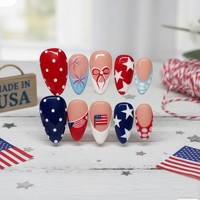 Faux ongles à pression style Fête de l'Indépendance, motif drapeau à pois blancs et étoiles feux d'artifice, bleu blanc rouge, 24 pièces