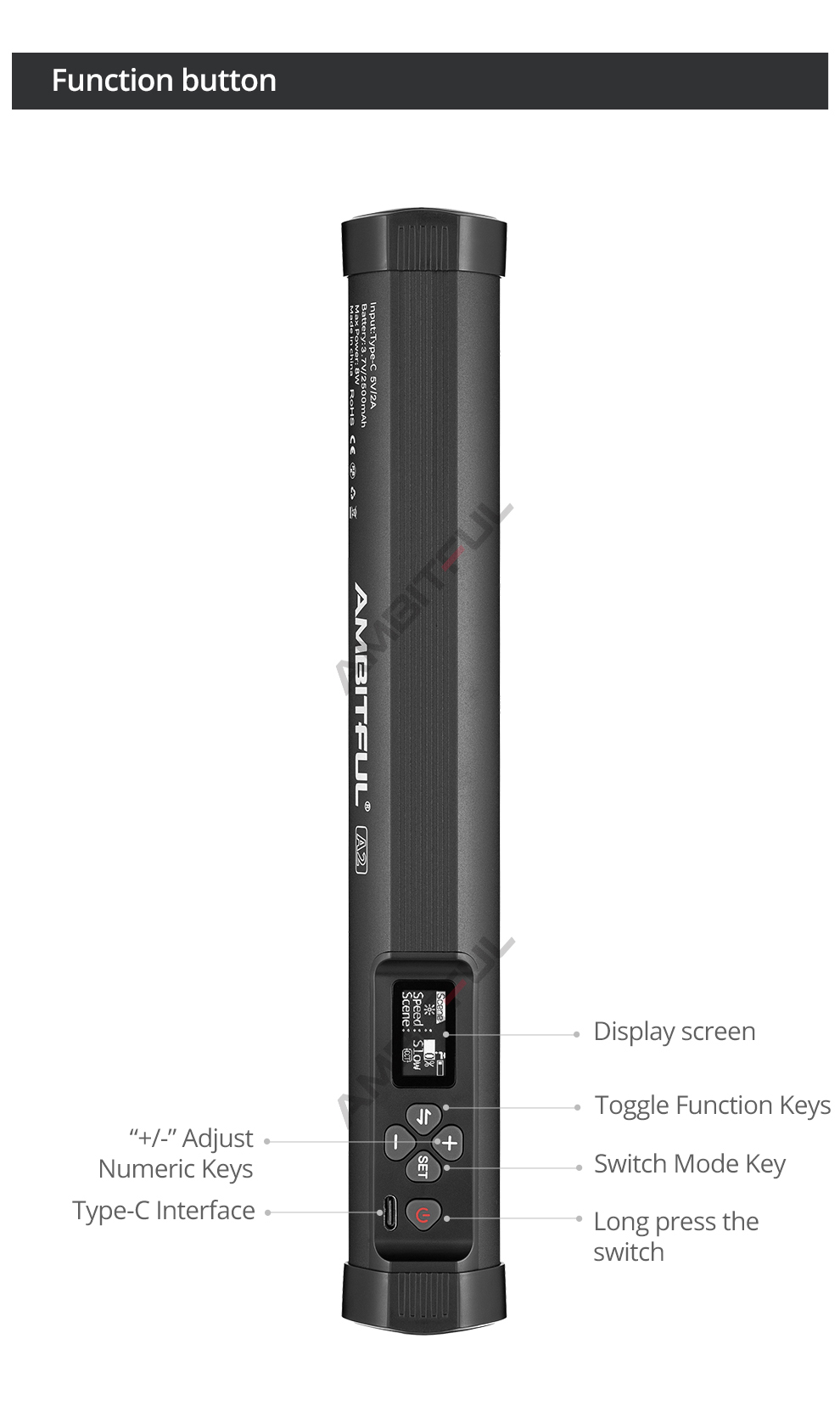 AMBITFUL A2 RGB 2500-8500K RGB LED Video Stick Tube Light, CRI 95+ TLCI 97 +,Built-in APP Lithium Battery Magnetic Function