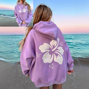 Sweat-shirt à capuche surdimensionné personnalisé pour femme, imprimé floral, 100% coton, logo sur le devant, décontracté, plage, streetwear - Product Image 2
