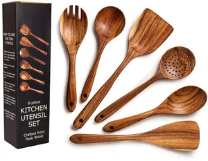 Juego de utensilios de cocina de madera, sartén antiadherente, herramienta de cocina, cucharas de cocina de madera y espátulas, cucharas de madera para cocinar ensalada, tenedor