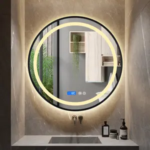 블랙 알루미늄 프레임 원형 호텔 조명 화장대 거울 LED 스마트 날짜 시간 거울 욕실