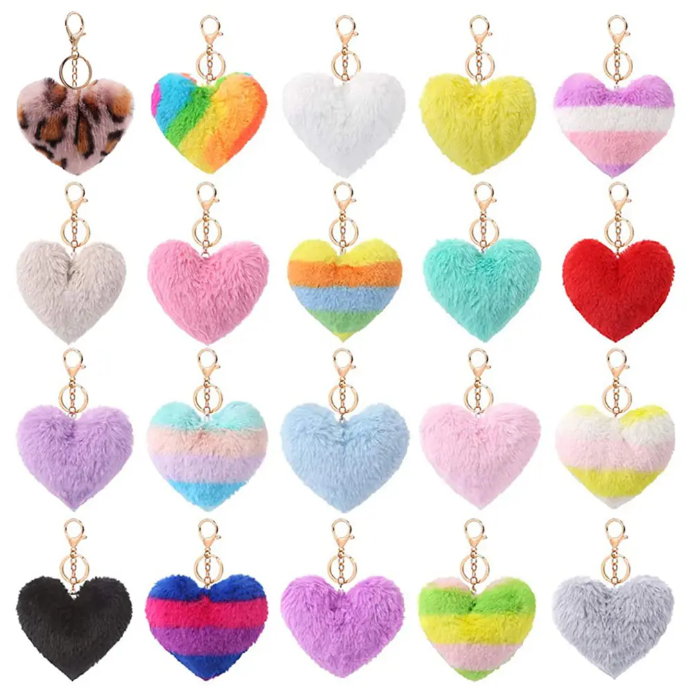 Porte-clés pompon coloré 10CM pour femmes, pompon en forme de cœur, boule de fourrure moelleuse, accessoire en forme de cœur