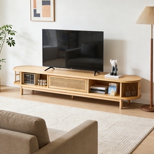 Meuble TV et meuble multimédia en bois massif <span class=keywords><strong>de</strong></span> frêne et rotin, design minimaliste, style mid-century modern, Wabi-Sabi, pour la maison, le salon, l'hôtel. - Product Image 3