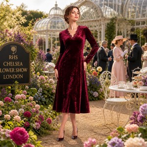 Custom 280GSM Crushed <strong>Velvet</strong> <strong>Long</strong> Sleeve V Neck Lace Trim Women Midi Homecoming <strong>Dress</strong> Royal Chelsea Aristocratic Style OEM - Product Image 4