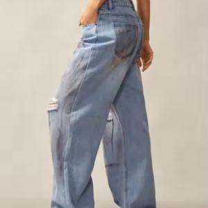 กางเกงยีนส์ขาบานเอวต่ำทรงหลวมสไตล์ลำลองแบบยีนส์เดนิมฟอกสีสำหรับผู้หญิง ขายส่ง OEM - Product Image 6
