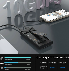 Boîtier de disque SSD M.2 double baie 10 Gbit/s haute vitesse avec double protocole NGFF/SATA et double Type-C - Product Image 3