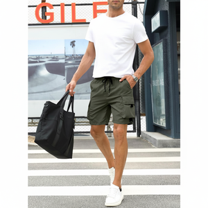 JMIERR Short cargo décontracté pour homme avec 4 poches cordon de serrage taille élastique extensible pour l'été plage travail tissé Logo décoration - Product Image 1