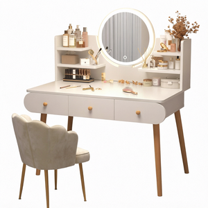 Table de maquillage minimaliste moderne avec miroir éclairé, bureau de toilette avec étagères de rangement et tiroir pour chambre à coucher ou hôtel - Product Image 1