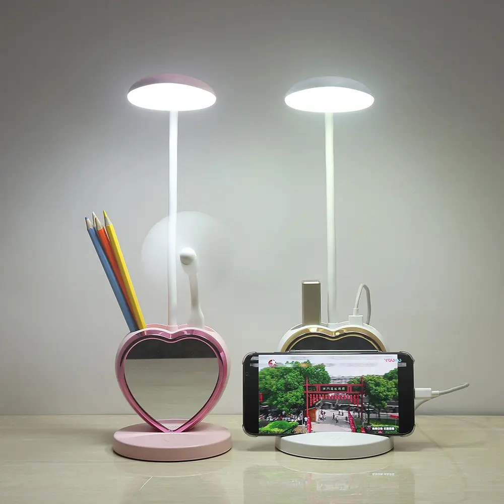 2024 창조적 인 led 눈 보호 램프 다기능 3-in-1 램프 팬 빛 미니 선물 빛 귀여운 소녀 핑크 충전식 램프