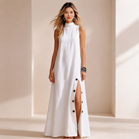 Robe longue décontractée bohème de plage pour femme, blanche, sans manches, en mélange de lin et de coton, avec fente latérale et boutons, fluide et écologique