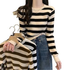 Round Neck Breathable Summer Jersey Print Sweet Slim Fit Women's Base Sweater Knitted <b>Long</b> <b>Sleeve</b> Short <b>Top</b> - Product Image 1