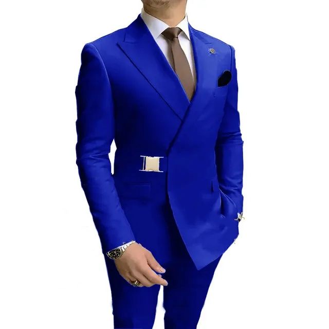 Purple Pink Buckle Men Suits Wedding Groom Tuxedos Pieces Formal Blazer  Peaked Lapel Double Breasted Prom Suits (Jacket+Pants)