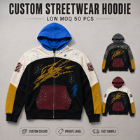 Sweat à capuche zippé streetwear personnalisé bleu, motif color block, effet éclaboussures de peinture graffiti, coupe ample et oversize, fournisseur en gros pour marques