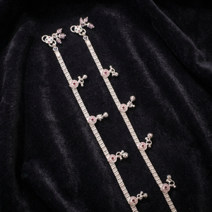 Paire de chevillères en argent sterling 925 avec pierre rose et motif floral, Ghungroo fantaisie, Payal indien traditionnel pour mariée, bijoux de pied pour femme - Product Image 4