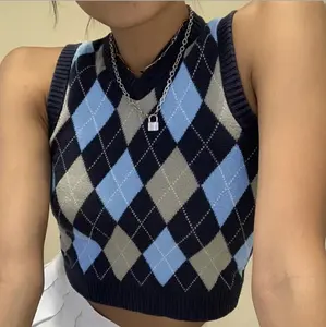 Neuheiten frühling herbst mode casual crop frauen V-neck sleeveless damen plaid stricken argyle pullover weste