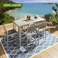 Ensemble de meubles de jardin modernes de luxe, résistant à l'eau, en plastique imitation bois, canapé de patio, table et chaises de bar extérieures en teck et aluminium brossé