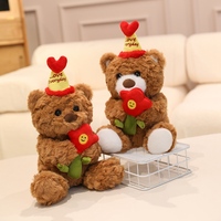 Ours en peluche bouclé marron assis avec chapeau de fête, idéal pour la décoration de fête d'anniversaire des enfants et comme cadeau