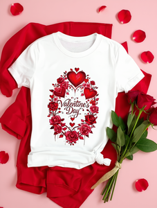 T-shirt da donna con stampa di fiori a cuore per San Valentino, manica corta, girocollo, top casual, 100% cotone jersey, primavera estate - Product Image 2