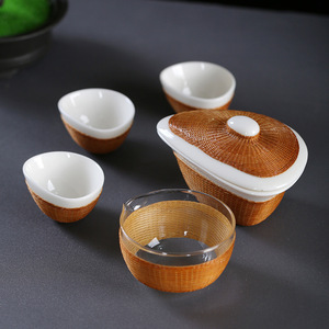 White Porcelain Bamboo Woven Tea <b>Set</b> With Lid Portable Travel Tea <b>Cup</b> <b>Set</b> For 4 Traditional Chinese Style Gift Box Included - Product Image 2