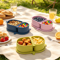 Boîte à lunch en silicone de qualité alimentaire à double compartiment avec couvercle, pliable, anti-fuite, pour pique-nique, usage domestique, 0-1L