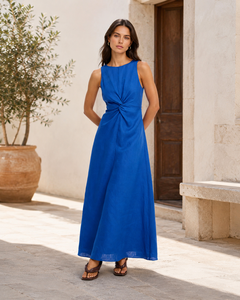 Vestido Elegante de Lino Azul para Mujer, Sin Mangas, Corte Maxi, para Vacaciones o Uso Diario, en Oferta - Product Image 1