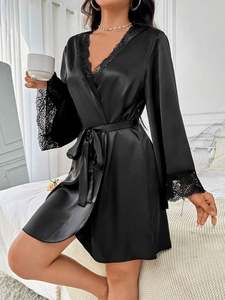 Sfy-y5124 2025 Bata de dormitorio para mujer, sexy camisón de encaje en contraste, bata de satén de color liso, conjunto de pijama de manga larga - Product Image 2