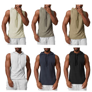 Gilet décontracté à capuche pour <span class=keywords><strong>homme</strong></span>, couleur unie, style sportif européen et américain, débardeur de fitness et de course sans manches - Product Image 1