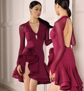 Vestido Latino Negro con Cuello en V, Mangas Largas, Traje de Baile de <span class=keywords><strong>Jazz</strong></span>, Samba, Cha Cha, Atuendo de Danza para Mujer - Product Image 3