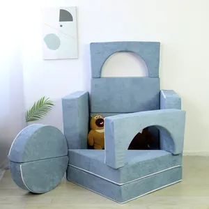 Castle design Playroom Kids Play Couch Foam Filling Living Room Kids Play Sofa Bed With 2 Triangle pillows