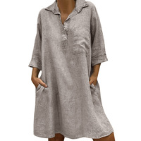Offres Spéciales grande taille femmes robes d'été trois quarts manches col rabattu chemise ample robe en lin artificiel