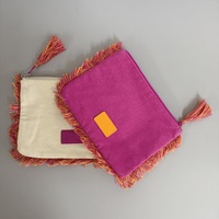 Pochette de maquillage en toile rose à franges pour femme, pochette cosmétique bohème à fermeture éclair avec tirette à pompon et doublure intérieure pour les fêtes