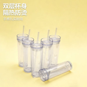 Shang Kou Ai Double Walled Plastic Straw Cup 16oz Transparent Portable Cold Drink Cup Reusable Travel Water Bottle - Product Image 1
