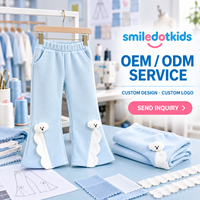 Pantalon évasé personnalisé Smiledotkids pour enfants, bleu clair, avec applique ours et nuage 3D, taille élastique, OEM ODM, vente en gros pour tout-petits