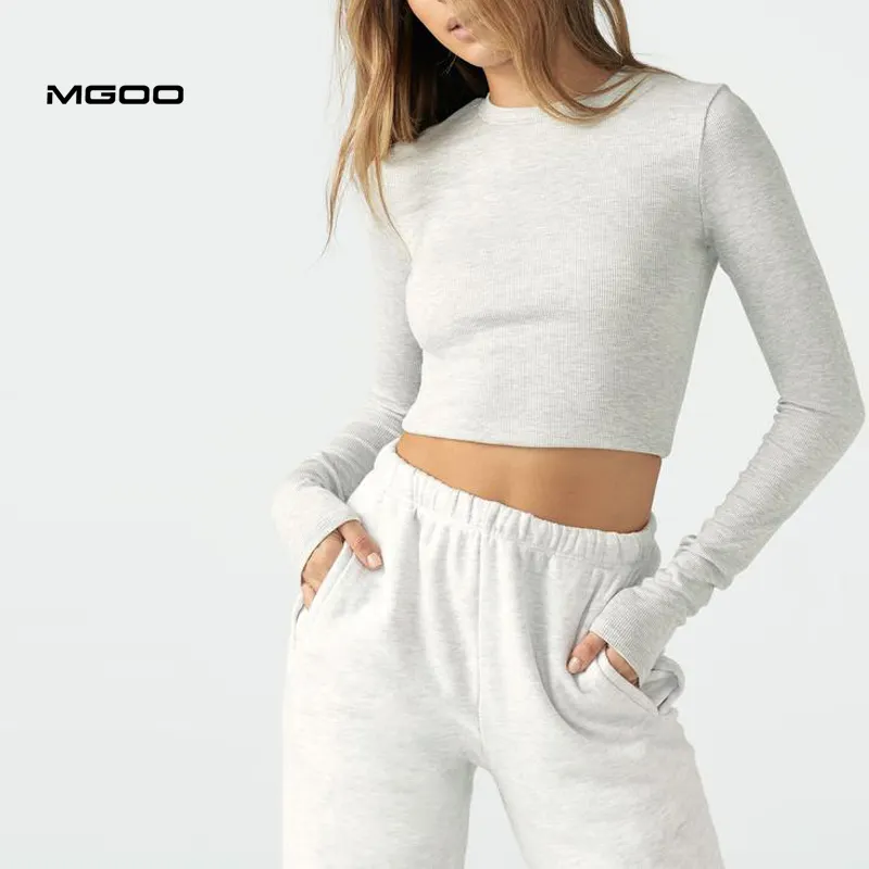 MGOO Basic Long Sleeve Crop Top Women Ribbed T-shirts Cropped 100% Cotton T shirt