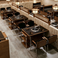 Ensemble de table de restaurant BBQ, table de barbecue sans fumée pour l'intérieur, structure en bois et métal, table de barbecue avec chaises pour restaurant de fondue